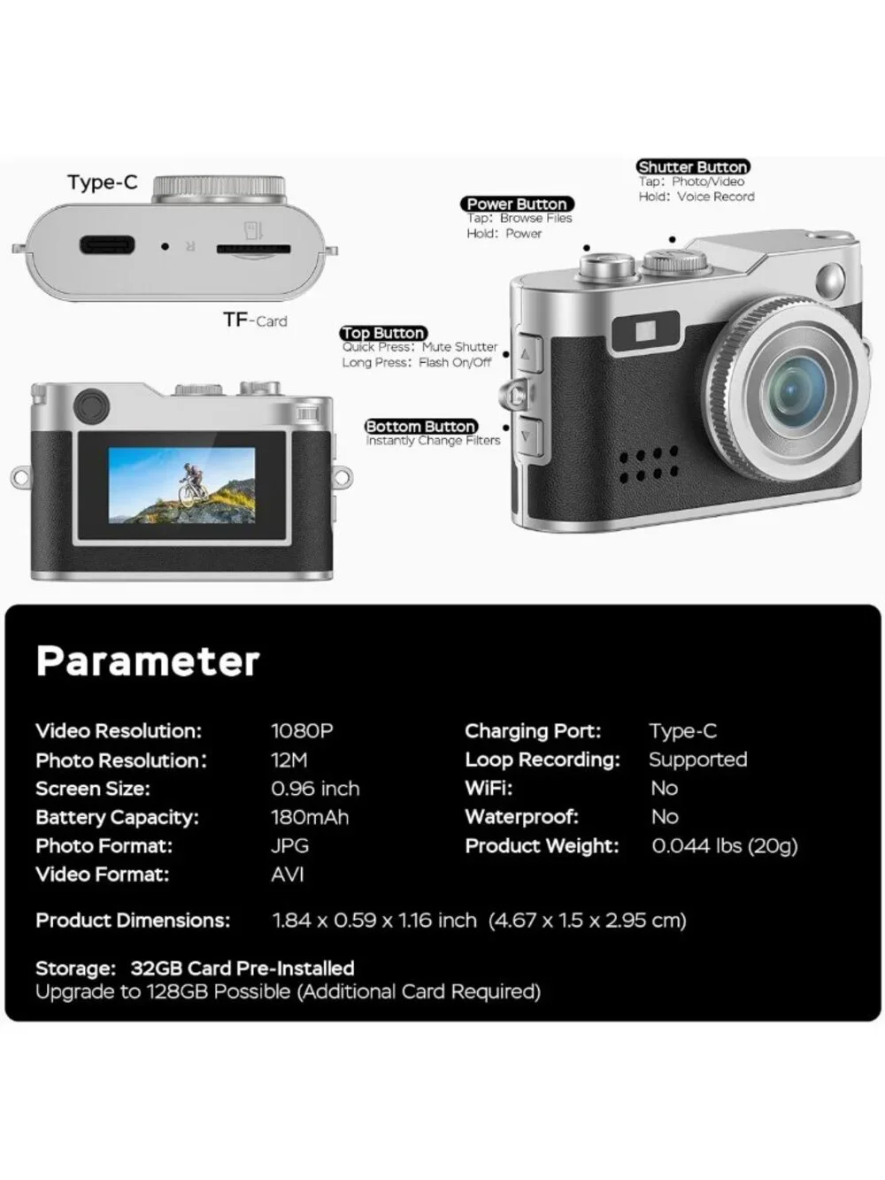 Mini Digital Camera 1080P HD Keychain, Compact Retro Pocket Cam with 32GB Card